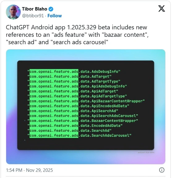 تصویر توییت Tibor Blaho در رابطه با کدهای تبلیغات در اپلیکیشن چت جی پی تی