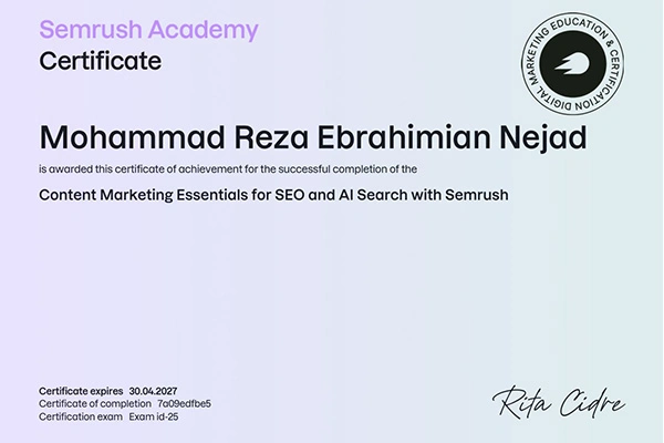 مدرک Content Marketing Essentials for SEO and AI Search with Semrush محمدرضا ابراهیمیان