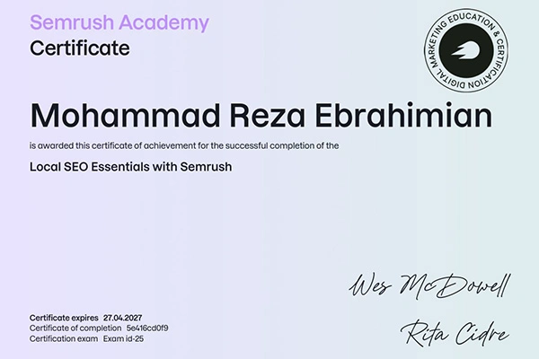 مدرک Local SEO Essentials with Semrush از سمراش محمدرضا ابراهیمیان