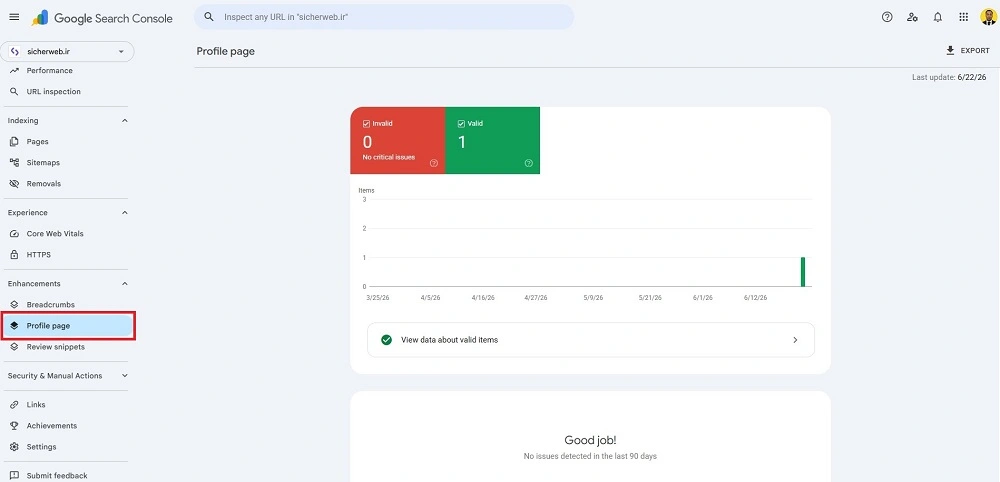 نمایش اسکیمای ProfilePage در بخش Enhancement گوگل سرچ کنسول