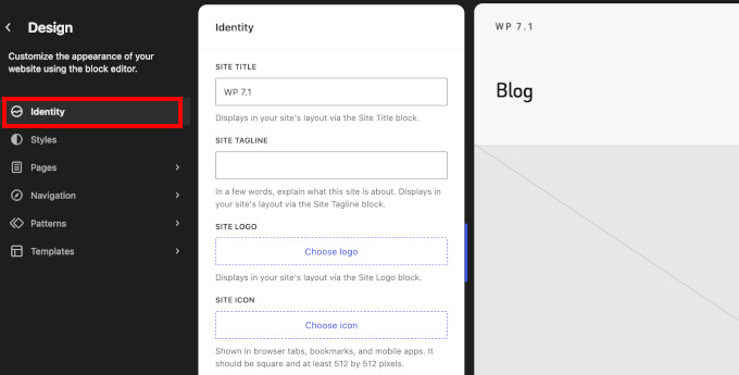 بخش Identity برای اطلاعات هویتی سایت در وردپرس 7.1